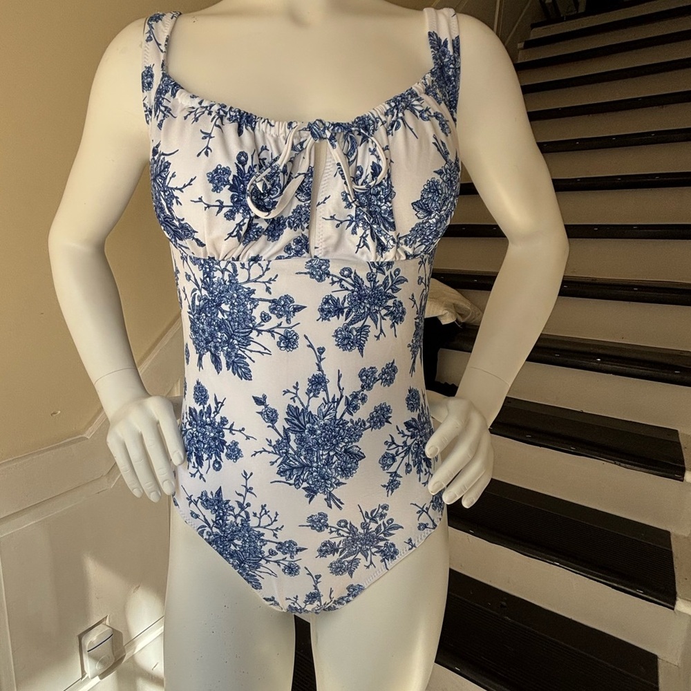 Floral toile Blue and White One Piece Swimsuit NWT